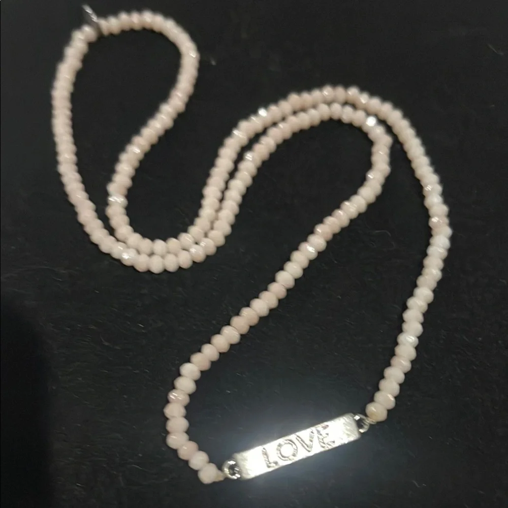 Marlyn Schiff Lavender Cream Beaded Bracelet with Silver 'Love' and ‘Rules’Charm